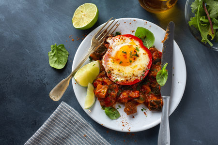 Fried egg with vegetables served on plate for breakfast. Closeup.