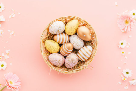 Flat Lay of Golden Easter Eggs Pattern with small flowers and petals on pink background. Easter...