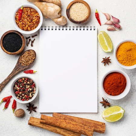 Spices and herbs on a white background. Food and cuisine ingredients.の写真素材