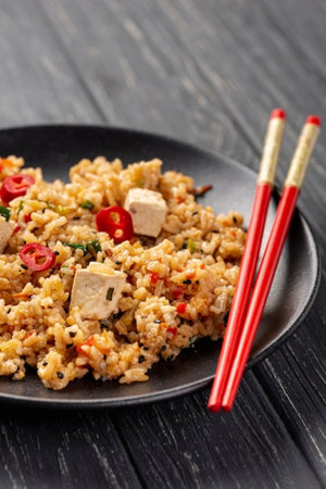 Tofu fried rice with sesame and chilli on black plateの写真素材