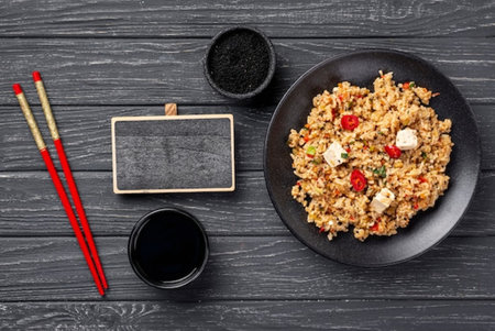 Asian cuisine. Fried rice in a plate with chopsticks, soy sauce and chopsticks on a black wooden backgroundの写真素材