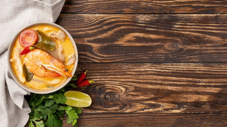 Thai tom yum soup with prawns and coconut milk on wooden backgroundの写真素材