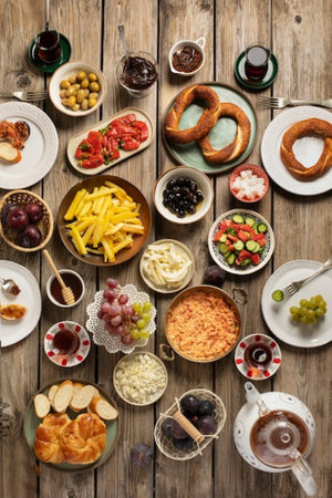 Traditional Turkish breakfast on wooden background. Top view with copy space.の写真素材