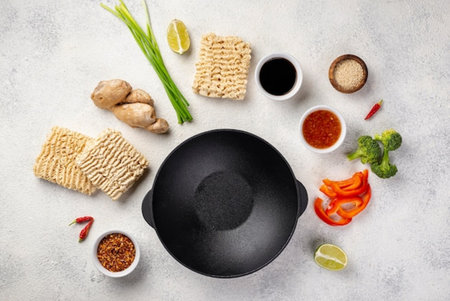 Healthy ingredients for cooking on light background. Top view, flat layの写真素材