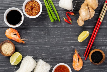 Asian food ingredients on wooden background. Top view with copy space.の写真素材