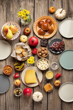 Healthy food background. Assortment of healthy food on wooden tableの写真素材
