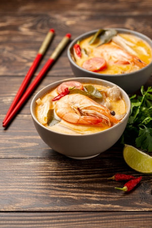 Tom Yum Goong, Thai soup with prawns and coconut milkの写真素材