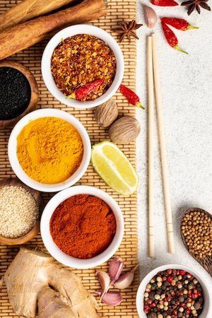 Spices and herbs on white background. Food and cuisine ingredients.
