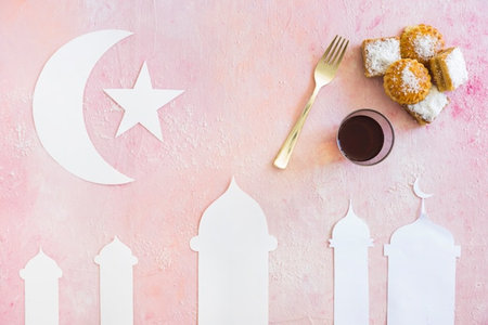 Flat lay of Ramadan Kareem greeting card. Muslim feast of the holy month of Ramadanの写真素材