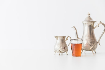 tea set on white background - soft focus point with vintage filterの写真素材