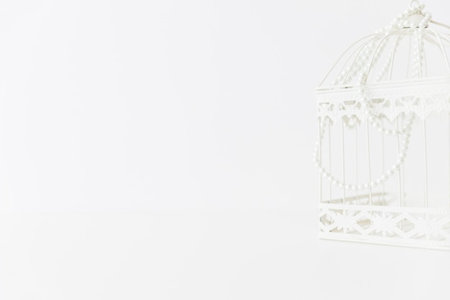 White bird cage on white background with copy space for your text.の写真素材