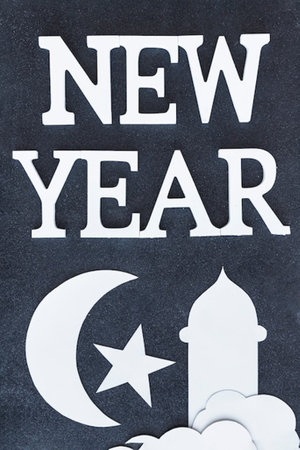 New year card with mosque, moon and clouds. New year conceptの写真素材