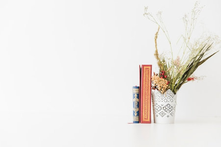 Flower in vase and books on white background with copy spaceの写真素材