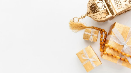 Christmas or New Year composition. Festive decoration on white background. Flat lay, top view, copy spaceの写真素材