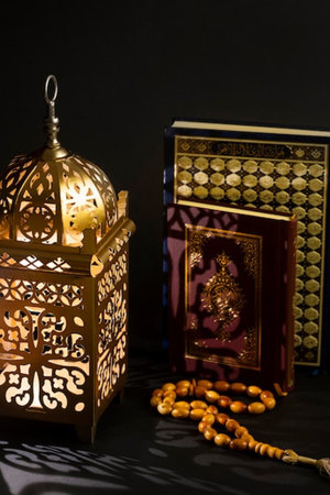 Ramadan Kareem greeting card with Arabic lantern and rosaryの写真素材