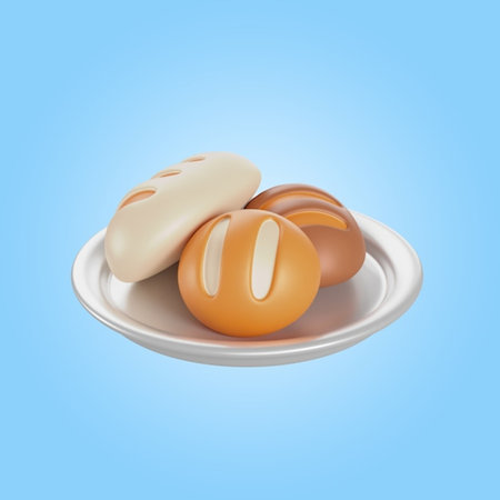 Bread on a saucer. 3d render on blue backgroundの写真素材