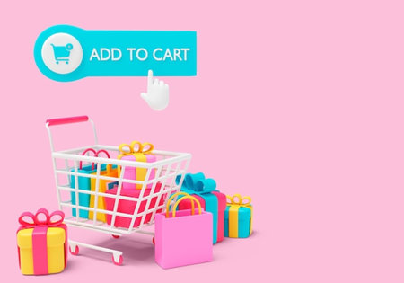 3d illustration of shopping cart with gift boxes on pink background. Online shopping conceptの写真素材