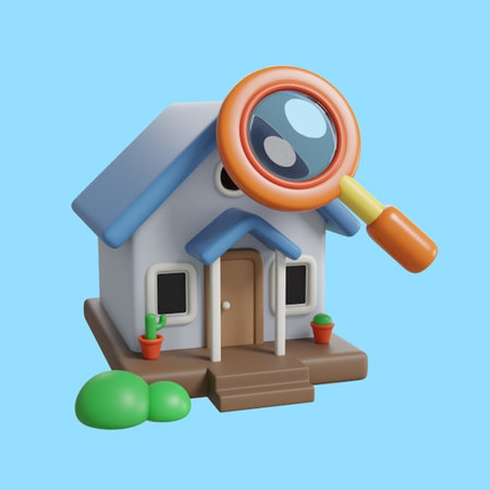 House with magnifying glass isolated on blue background. 3d illustrationの写真素材