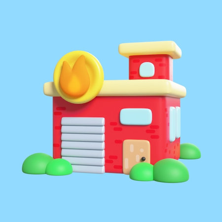 3d illustration of cute cartoon house isolated on blue background with shadowの写真素材