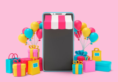Smartphone with gift boxes and balloons on pink background. 3d renderingの写真素材