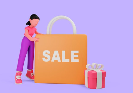 3d illustration of a woman leaning on a shopping bag with a sale sign on itの写真素材