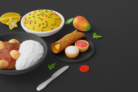 3d illustration of a set of food for children on a black backgroundの写真素材