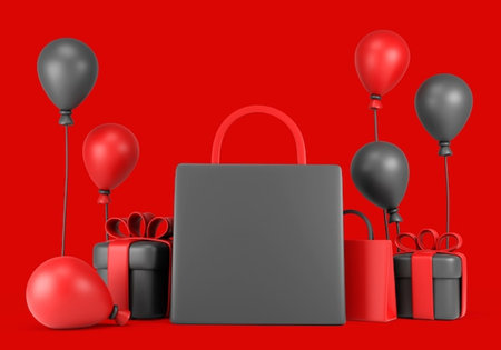 Black shopping bag with gift boxes and balloons on red background. 3D Renderの写真素材