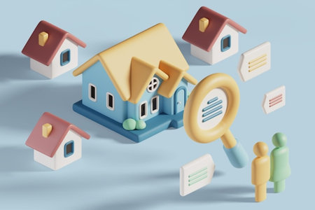 3d rendering of a group of small houses and a magnifying glass