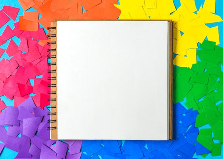 Top view of blank note book on colorful paper background with copy spaceの写真素材