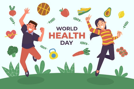 World Health Day concept with people jumping in the park. Flat style vector illustration.の写真素材
