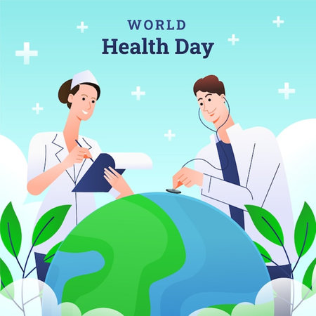 World Health Day vector illustration. Doctor and nurse in medical uniform with globe.の写真素材