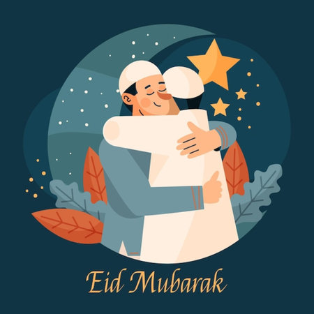 Eid mubarak greeting card. Muslim man and woman hugging. Vector illustrationの写真素材