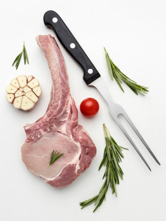 Raw pork chop with rosemary and garlic on a white background.の写真素材