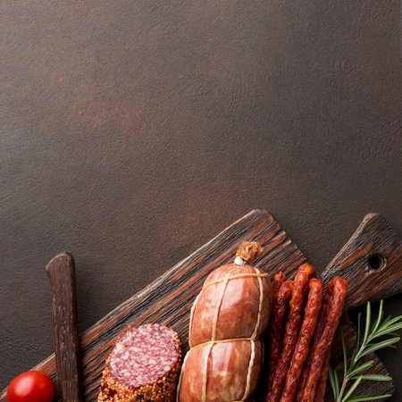 Assortment of sausages on cutting board. Top view with copy space