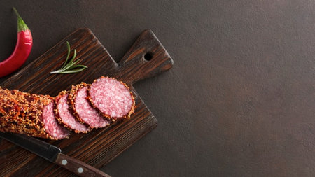 Sliced salami sausage on wooden cutting board with red chili pepper and rosemary on dark background