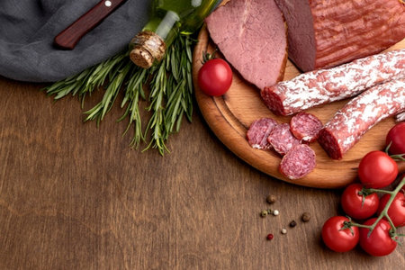 Sliced salami sausage on cutting board with rosemary and tomatoes on wooden backgroundの写真素材
