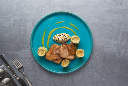 Grilled chicken breast with avocado and sauce on a blue plate.の写真素材