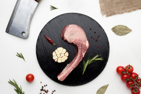 Raw lamb chops on a black cutting board with rosemary, garlic and spices on a white background