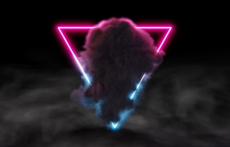 3d illustration of smoke cloud and triangle shape on black background.の写真素材