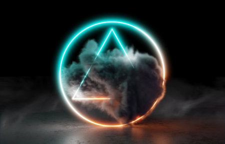 Glowing triangle with smoke on dark background. 3d rendering.の写真素材