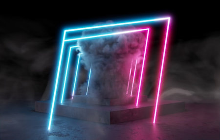 3d render, abstract background with neon lights and smoke, podiumの写真素材