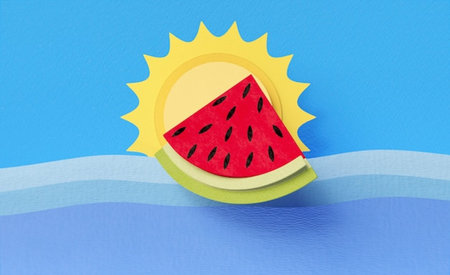 Watermelon and sun on blue background. Summer concept. 3d illustrationの写真素材