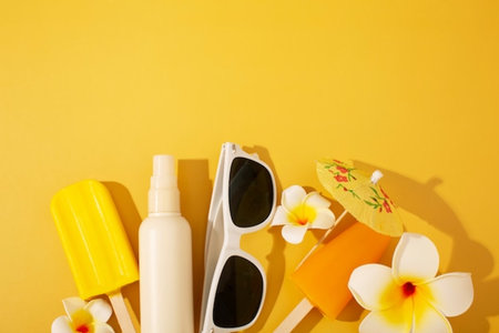 Sunscreen bottle, sunglasses and tropical flowers on yellow background with copy space