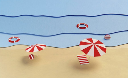 3d render of a beach with red and white beach umbrellasの写真素材