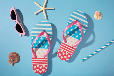 Flip flops, sunglasses and seashells on blue background
