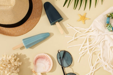 Summer vacation concept. Straw hat, sunglasses, seashells, ice cream on beige background. Flat lay, top viewの写真素材