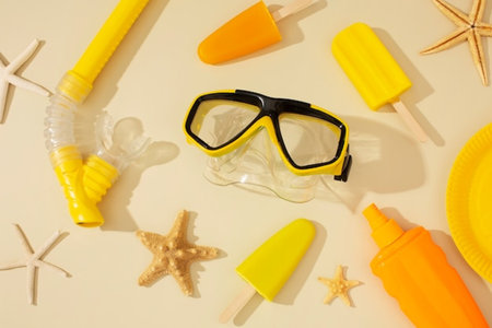 Summer vacation concept. Sunglasses, sunblock cream, starfish, seashells on yellow backgroundの写真素材