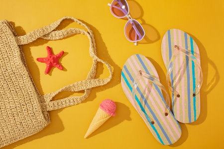 Beach accessories on yellow background. Flat lay, top view.