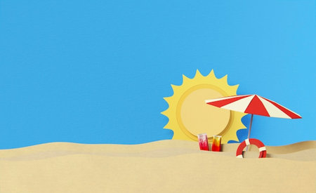 3D illustration of a beach with sun umbrella and flip flopsの写真素材