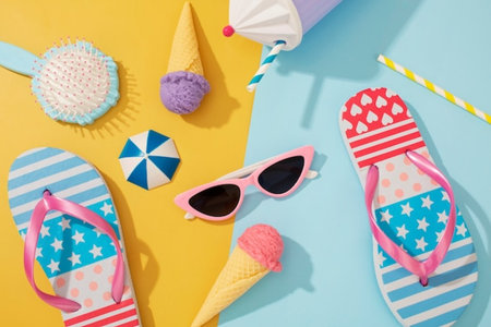 Flat lay of beach accessories on colorful background. Summer vacation concept